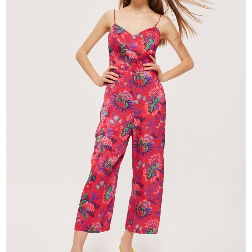 Topshop Pink Floral Silky Cropped Jumpsuit Size 4